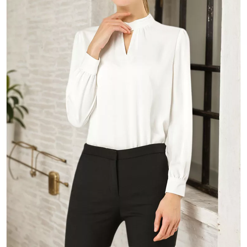 Womens Stand Collar Keyhole Bell Long Sleeve Chiffon Blouse
