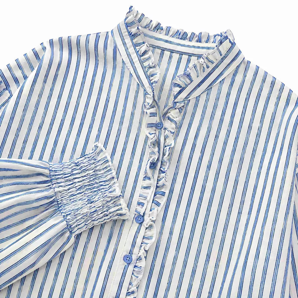 Womens Ruffle Stand Collar Striped Button Down Balloon Sleeve Blouse