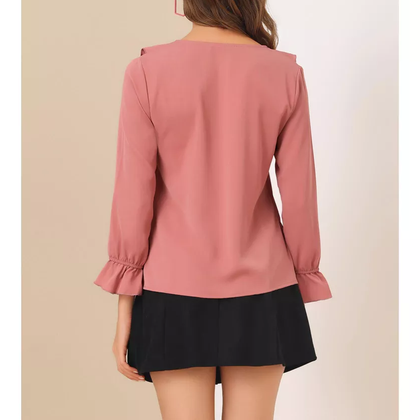 Womens Ruffle V Neck Flounce Long Sleeve Light Chiffon Blouse