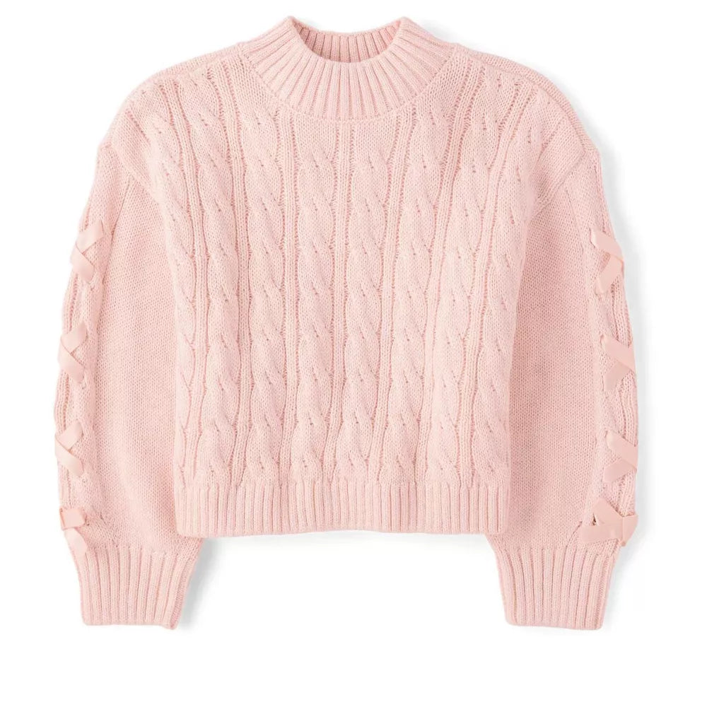 Girls Ribbon Cable Knit Crew Neck Long Sleeve Pullover Sweater