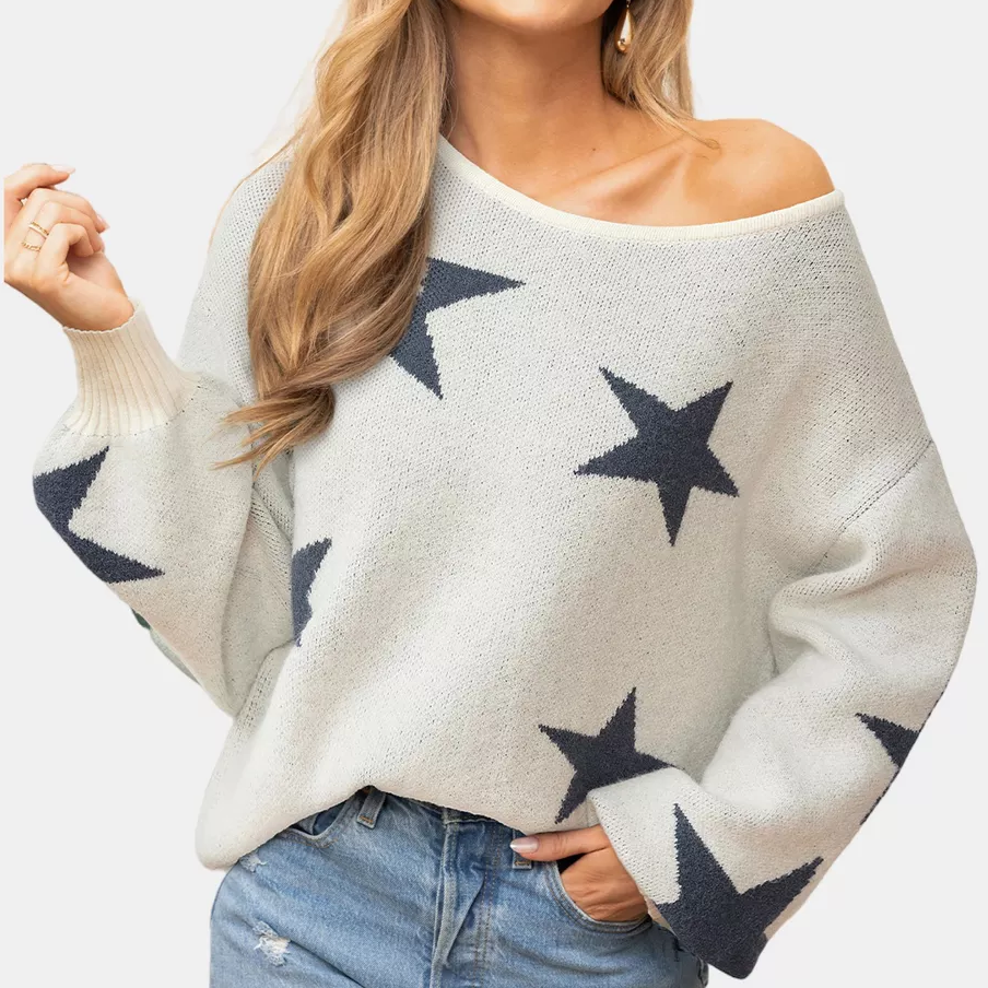 Womens Oversized Star Pattern Off Shoulder Knit Pullover